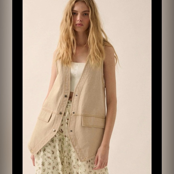 Promesa Long Lined Beige Oversized Button Down VNeck Denim Vest Size Large - Picture 1 of 7
